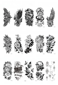 Macro detail of waterproof black and white tattoo set with eagle and rose designs