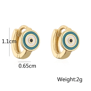 Detailed view of evil eye earrings with dimensions 1.1cm height and 2g weight specs