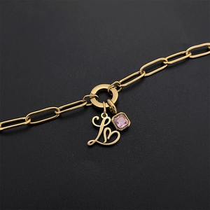 14K gold plated stainless steel paperclip chain necklace with letter L and pink zircon charm