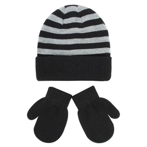 Flat lay of striped knit beanie and solid black mittens set for kids winter warmth