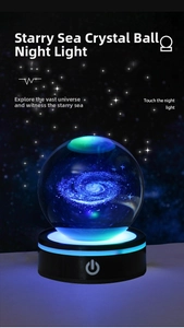 Macro detail of 3D laser-engraved galaxy inside a crystal ball with LED light base