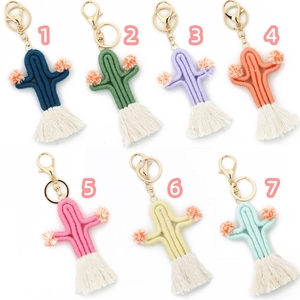 Handmade Woven Cactus Keychain Cotton Thread Tassel Pom Pom Bohemia Bag Pendant Car Keyring For Women