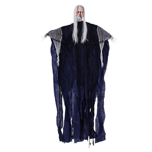 Halloween hanging ghost with glowing red eyes, white hair and chains on white background