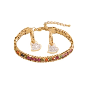 Golden stainless steel bracelet and heart earring set with vibrant multicolored crystals