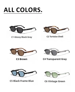 Collection of retro round sunglasses in six colors with wing-shaped metal temple accents