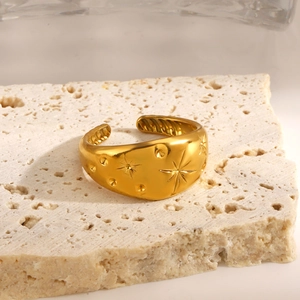 French vintage style gold plated stainless steel star engraved wide open ring for women