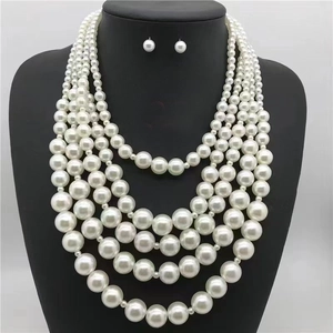 Detailed view of multi-layer white faux pearl necklace and matching earrings on a mannequin