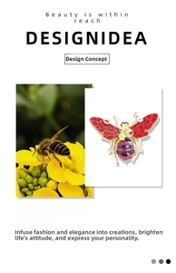 Detail showing vintage bee brooch design inspired by nature with red crystals
