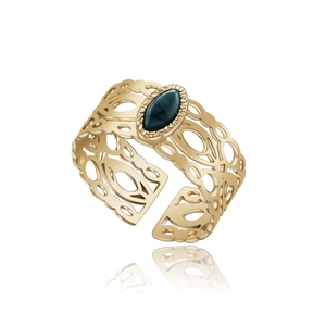 Vintage 18K gold-plated open ring with turquoise inlay and hollow geometric patterns
