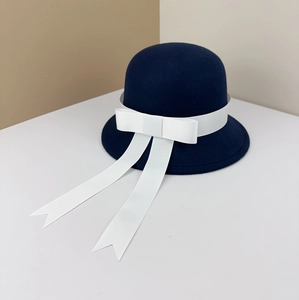 Japanese JK Style Polyester Woolen Cloche Hat For Women Retro Academy Style Bowknot Ribbon Fedora Bucket Hat For Autumn Winter