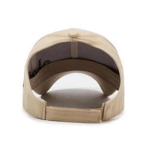 Khaki ponytail sun visor hat with velcro strap and embroidered interior art detail