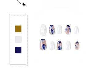 Detailed set of blue watercolor flower press-on nails with gold glitter centers
