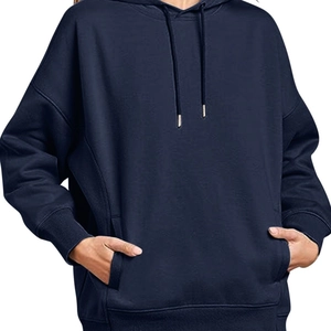 Women's casual navy blue hoodie with adjustable drawstrings and a front kangaroo pocket