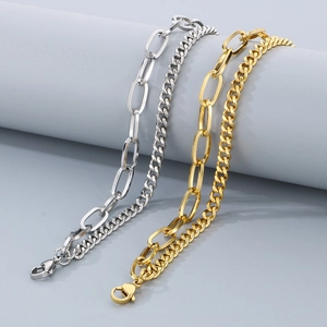 Double-layered stainless steel Cuban chain bracelet in gold and silver finish