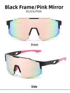 Front and side views of large frame sports sunglasses with black frames and pink lenses
