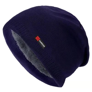 Deep blue winter beanie with warm fleece lining and FS Fashion label shown on white background