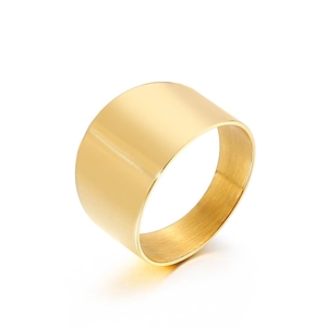 Minimalist wide gold titanium steel ring with polished finish shown at a 45-degree angle