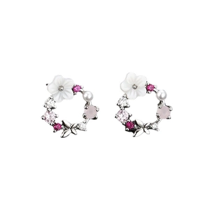 Elegant floral wreath earrings with mother of pearl flowers and pink zircons