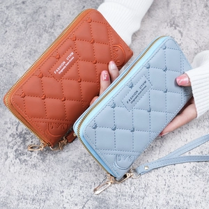 Elegant quilted long PU leather wallet for women with wristlet strap and zipper closure