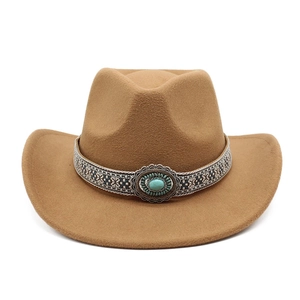 Brown wide brim western cowboy hat with ethnic band and turquoise gemstone detail