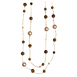 Vintage style tiger eye and pearl beaded pendant necklace for layered jewelry looks