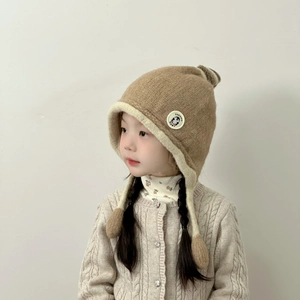Kids winter knit earflap hat with cute penguin patch and pom-poms for boys and girls