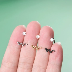 Three-piece stainless steel snake lip rings with cubic zirconia in silver gold and black