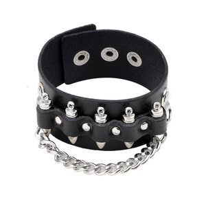 Men's punk black leather woven bracelet with silver studs, spikes and hanging chain