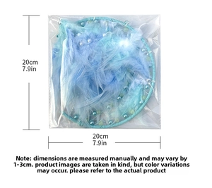 Blue feather dream catcher in protective plastic packaging with 20cm size measurement