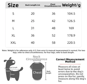 Detailed pet winter coat size chart with back and chest measurements for small dogs