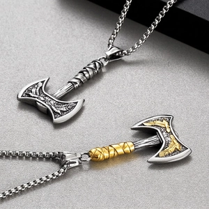 Viking Double Headed Axe Pendant Necklace Stainless Steel Titanium Steel Crow Eagle Pattern Nordic Punk Hip Hop Jewelry For Men