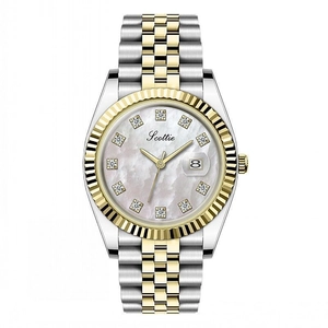 Elegant two-tone steel watch for women with mother-of-pearl dial and date window