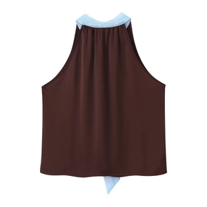 Dark brown halter neck top with light blue lace trim and high waist skirt set