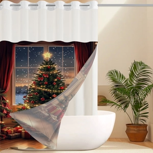 Detailed Christmas shower curtain with tree, gift boxes and snow scene pattern