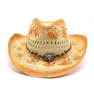 Western Cowboy Paper Straw Hat Hollow Out Woven Sun Protection Beach Outdoor Vintage Bull Head Ornament Unisex