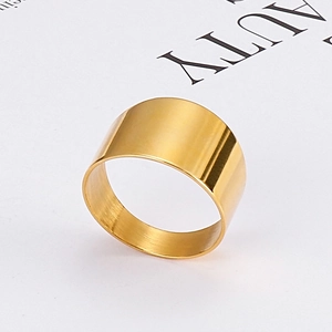 Minimalist wide band stainless steel ring with a polished gold finish and mirror surface