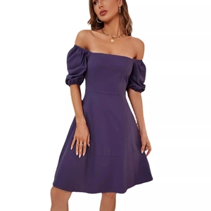 Slim fit deep purple square neck dress with stylish puff sleeves for a chic summer look