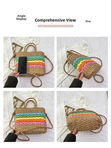Detailed views of the rainbow striped straw tote bag showing different angles and size scale