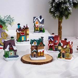 Set of 6 glowing resin Christmas village miniature house models with snow textures