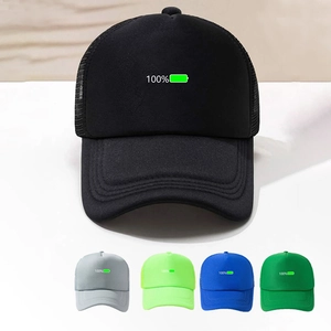 Detail view of trucker hat colors including gray, neon yellow, blue, and green mesh styles