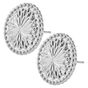 Detail of round stainless steel earrings with textured sunburst pattern and beaded edges