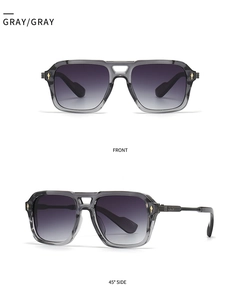 Detailed views of grey square aviator sunglasses with double bridge and gold metal accents