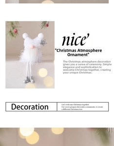 Close-up of a white plush Christmas gnome with silver shoes and star tag decoration