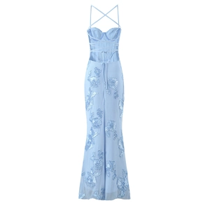 Detail of light blue bodycon dress featuring 3D floral embroidery and lace-up back design