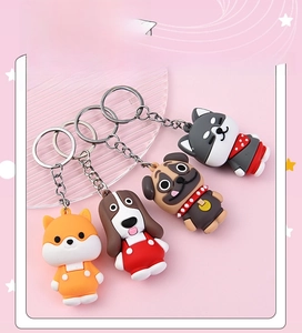 Detail of cartoon dog keychains featuring Shiba Inu, Pug, and Husky in soft PVC material