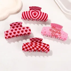 Valentine Day Heart Pattern Hair Claw Clips Acrylic Large Shark Clip Non-Slip Checkerboard Sweet Accessories For Women