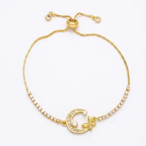 Elegant gold butterfly and moon adjustable bracelet with pearls and zirconia crystals