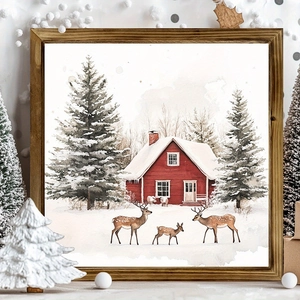 Wooden Christmas frame with watercolor winter scene of a red house and reindeer family