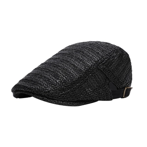 Men's black woven straw ivy cap with adjustable strap and breathable hollow design