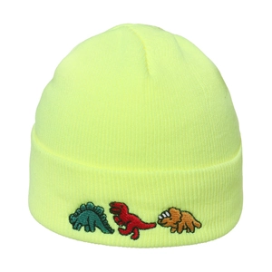 Neon yellow knit beanie with dinosaur embroidery in a ribbed outdoor winter style